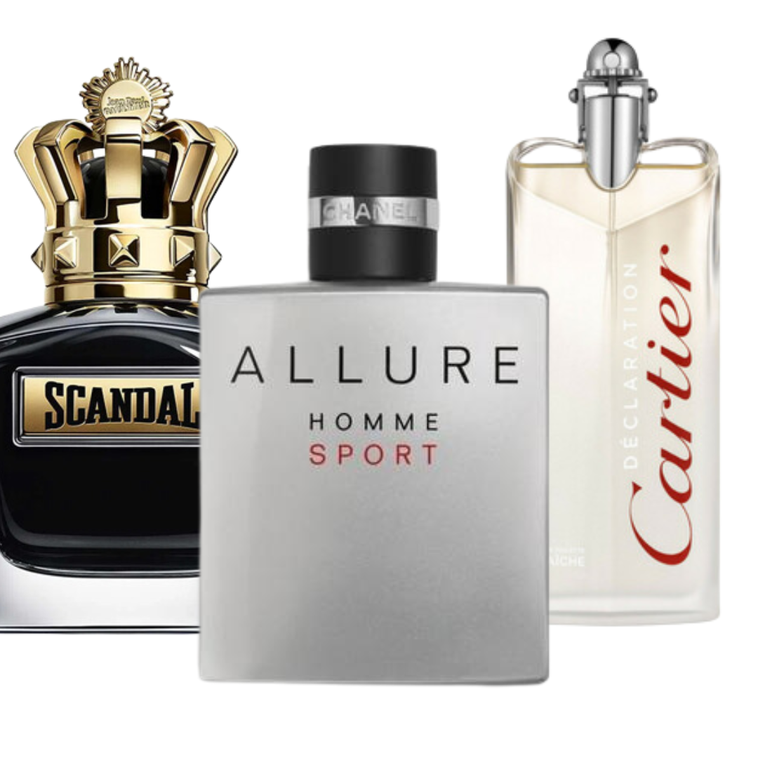 Coffret 3 Parfums: Allure Homme Sports, Jean Paul Gaultier Scandal, y Cartier Declaration 100ml